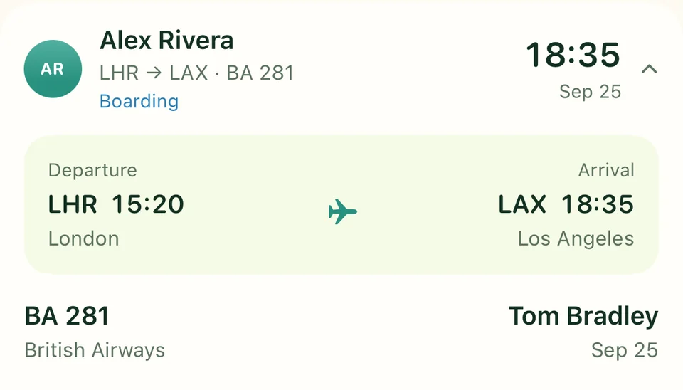 Alex’s expanded flight details: London to Los Angeles, flight BA 281, British Airways, and arrival terminal.