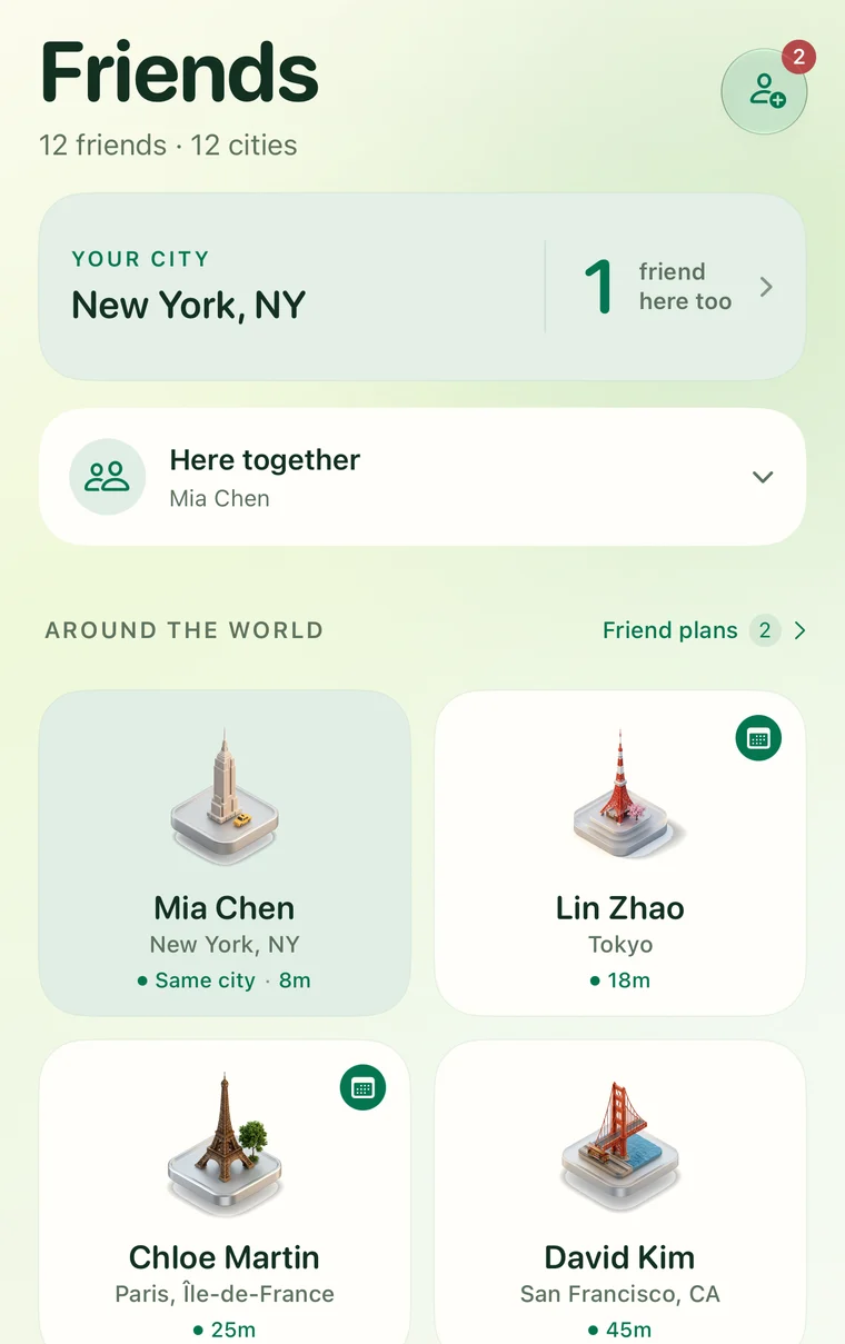 Across Us shows example friends in New York, Tokyo, Paris and San Francisco, with the city’s last update.
