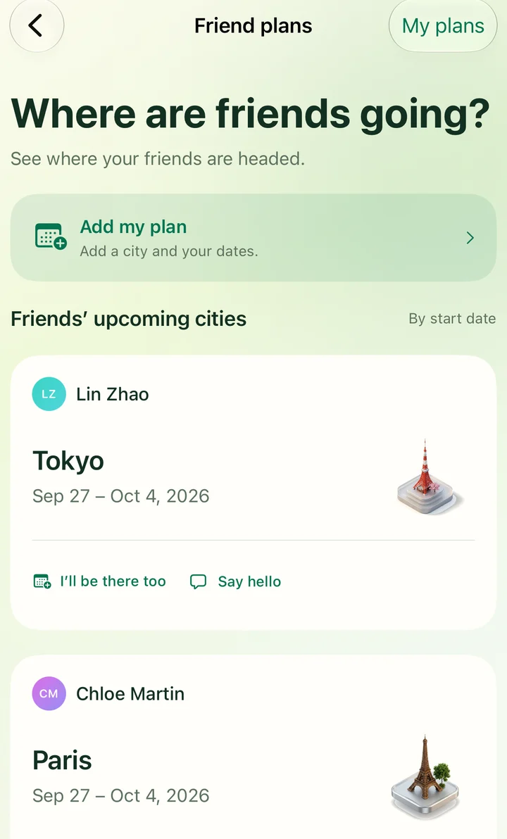 Friend plans lists Lin’s upcoming Tokyo dates and Chloe’s Paris dates.