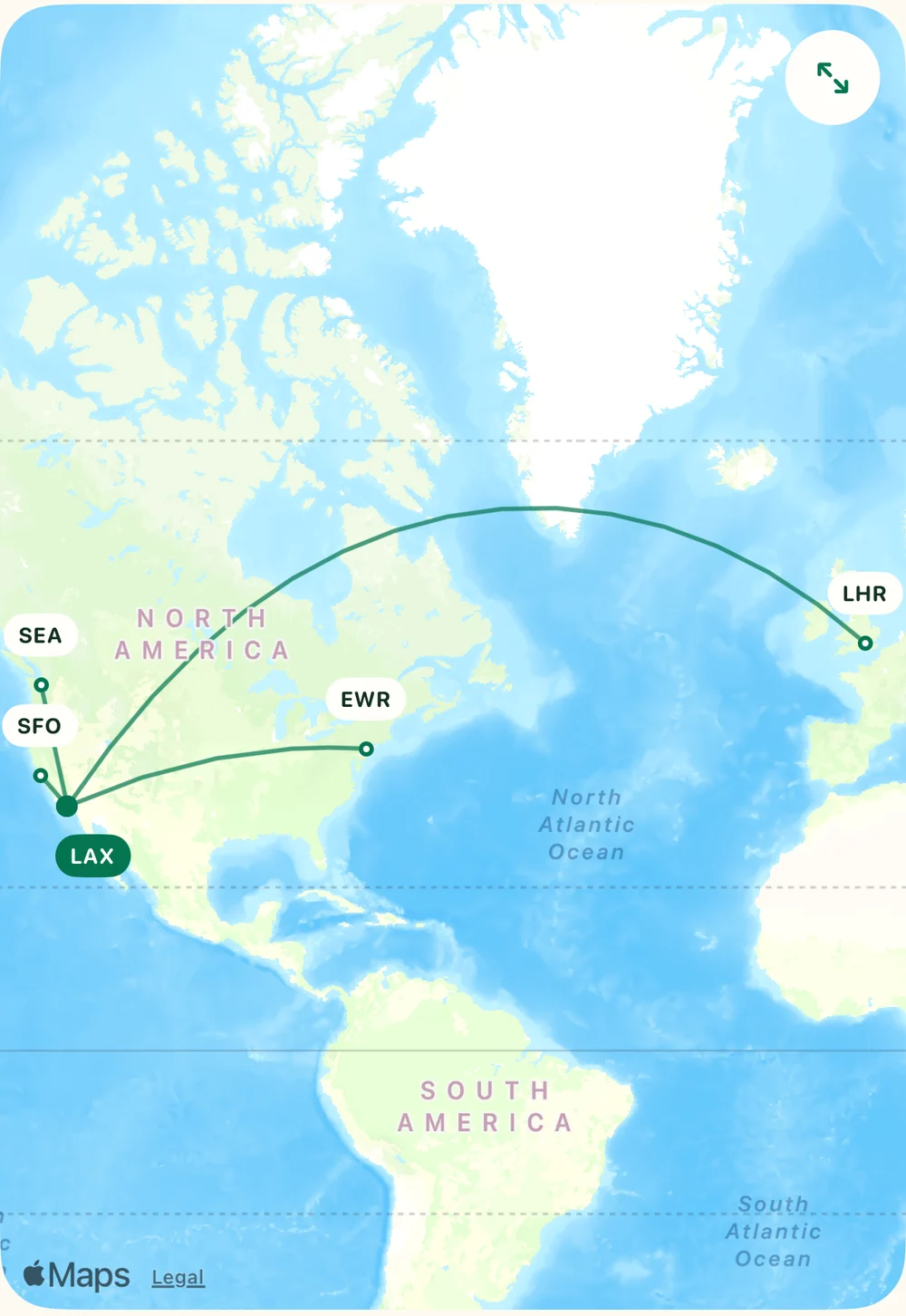 The flight-route map shows London, Newark, Seattle and San Francisco connecting to Los Angeles.